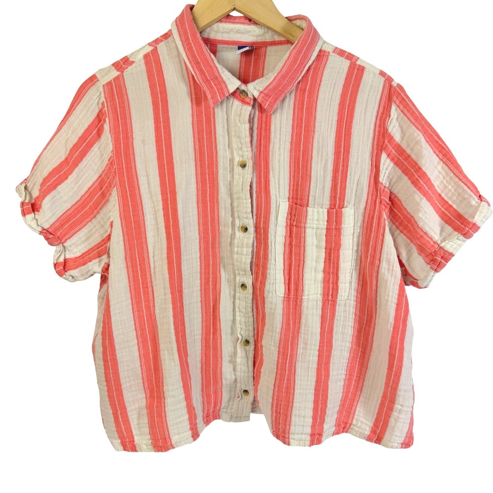 Old Navy Womens XL Coral White Stripe Cotton Gauze Button Front Shirt Coastal